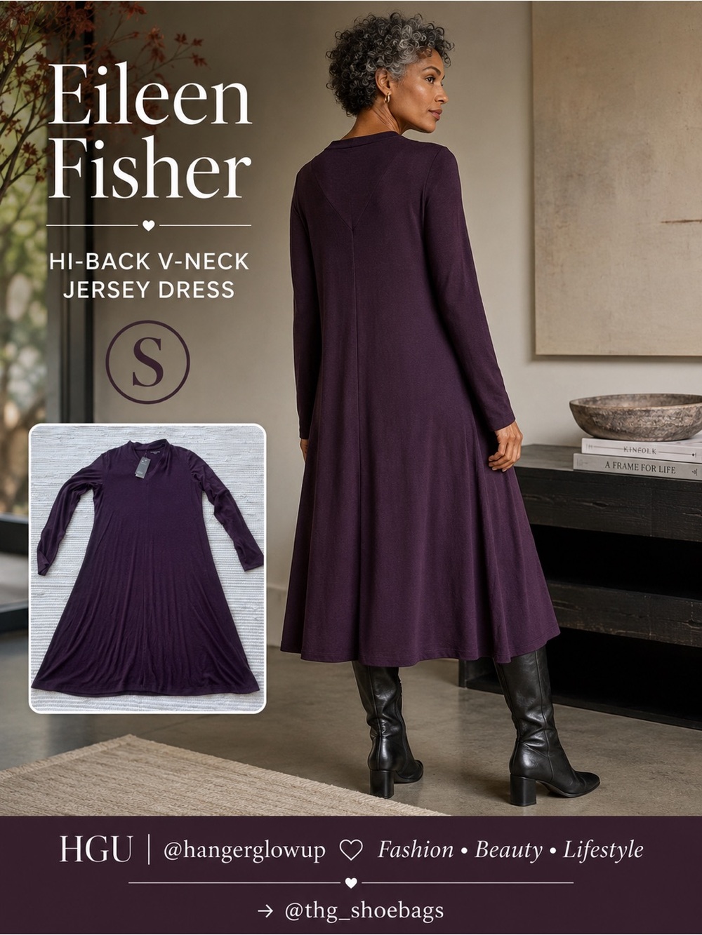 Eileen Fisher V-Neck A-Line Viscose Jersey Dress Raisin Plum NWT S